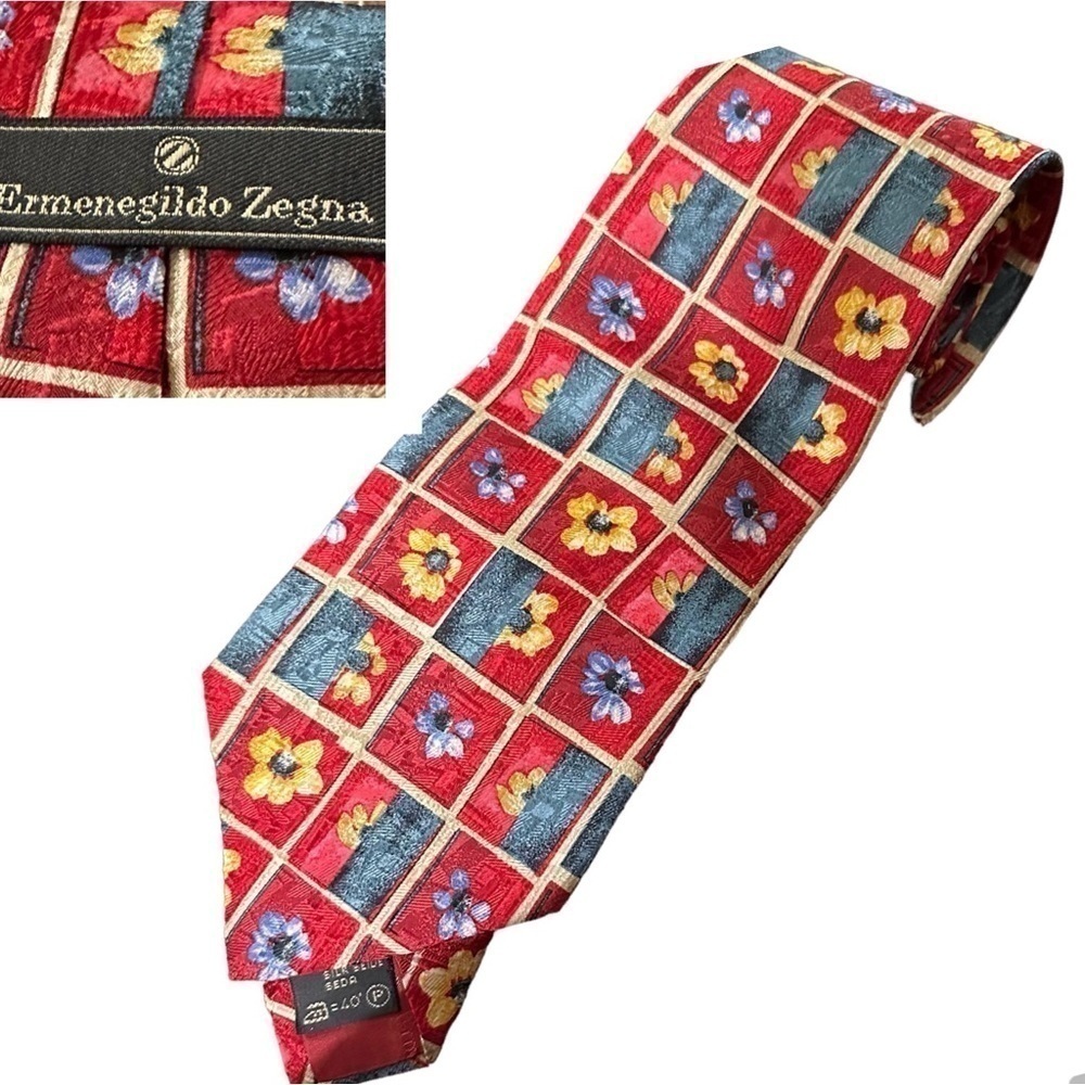 Ermenegildo Zegna Tie Red and Yellow Silk Floral 4” Wide